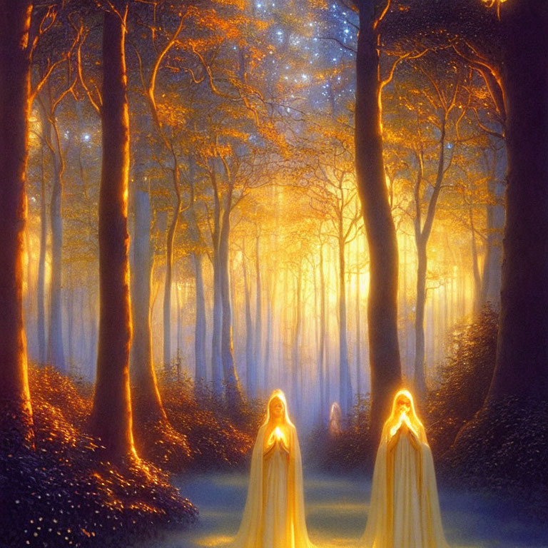 Glowing figures in yellow robes in misty forest with tall trees