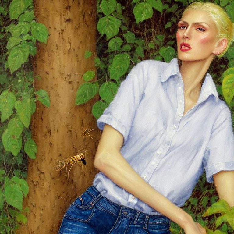 Blond woman in blue shirt and jeans near ivy-covered tree with wasp