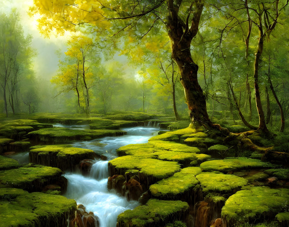 Tranquil forest scene with gentle stream and lush greenery