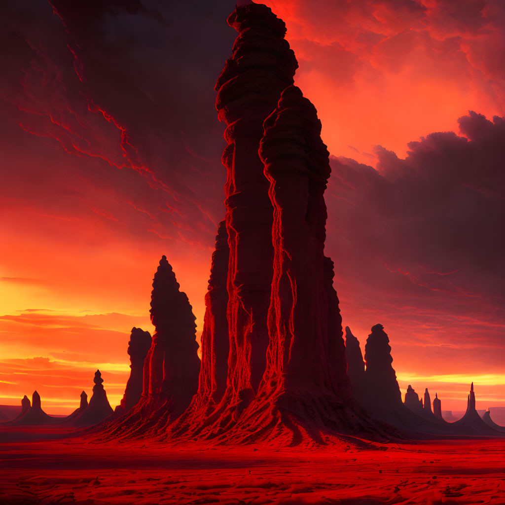 Towering spiraled rock formation in reddish alien landscape