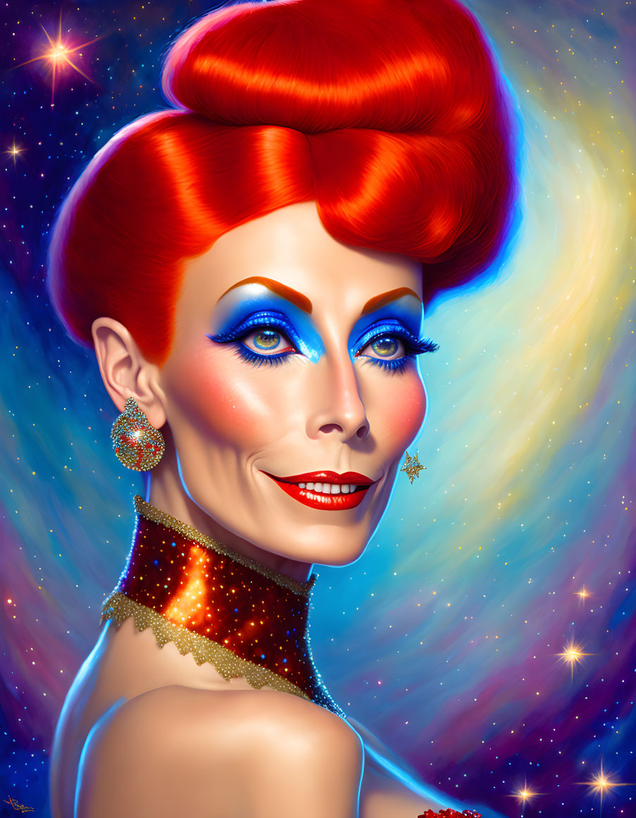 Vibrant red-haired woman with blue eyeshadow in cosmic setting