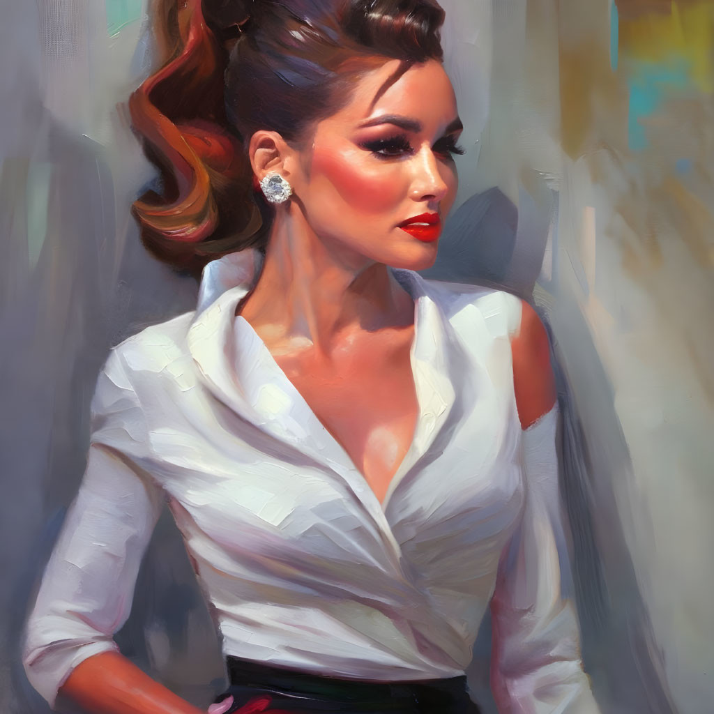 Sophisticated woman portrait with updo, white blouse, red lipstick, and sparkling earring