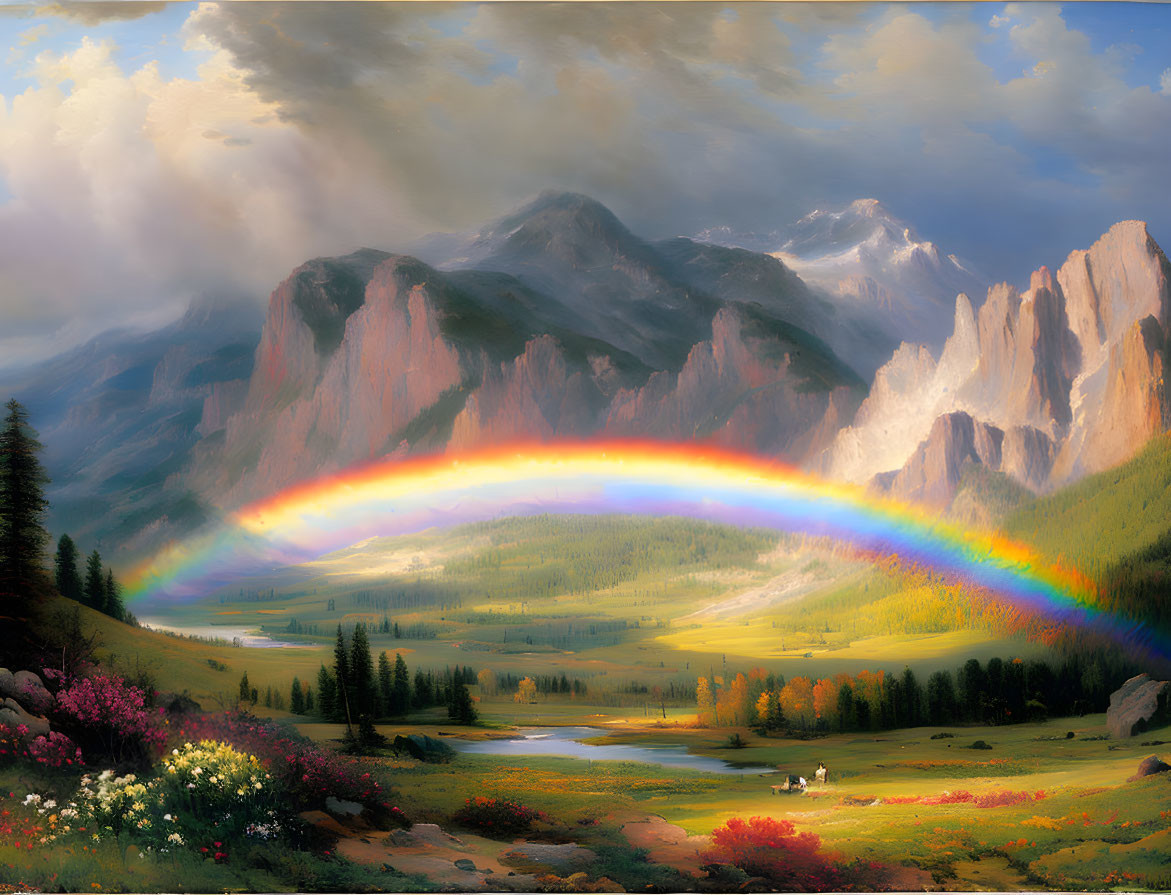 Colorful rainbow arc over lush valley with mountains, river, flora, and dramatic clouds.