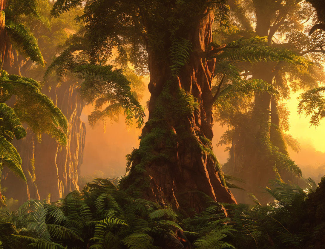 Sunlight illuminates dense forest with ferns, mist, ancient trees.