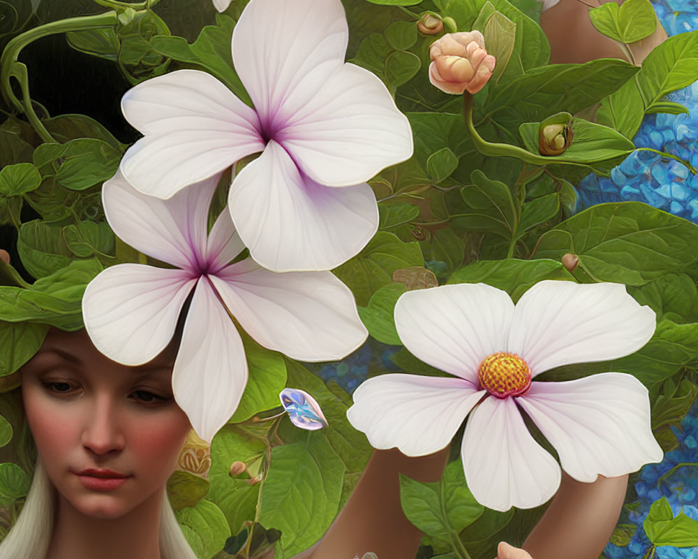 Surreal portrait of serene woman with oversized flowers