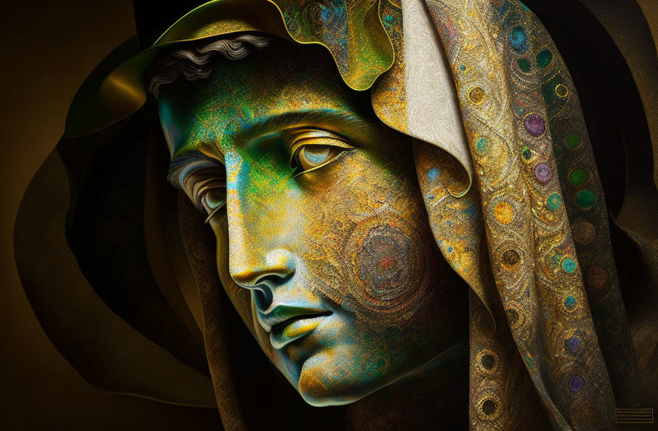 Stylized female figure in ornate headgear with intricate golden and green patterns