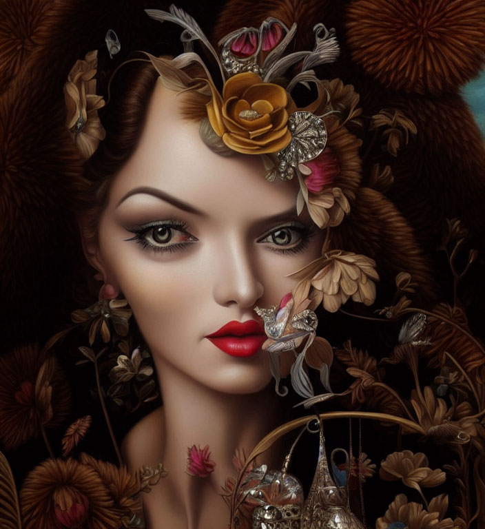 Colorful surrealistic portrait of a woman with floral and butterfly headdress