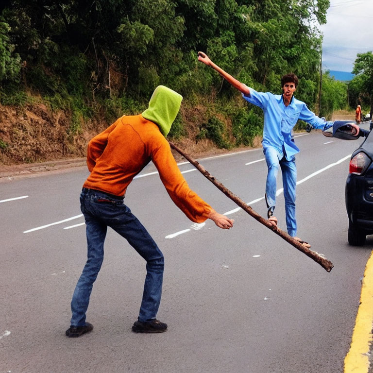 Two individuals playfully interacting with a large stick on a road.