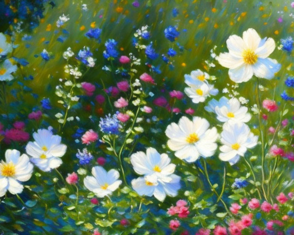 Colorful Wildflower Meadow Painting with White Cosmos and Lush Greenery