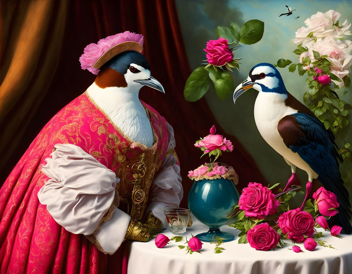 Surreal painting of two birds in human attire in a classical setting