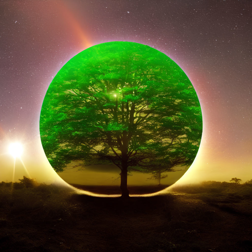 Surreal image of single tree with green aura under starry sky