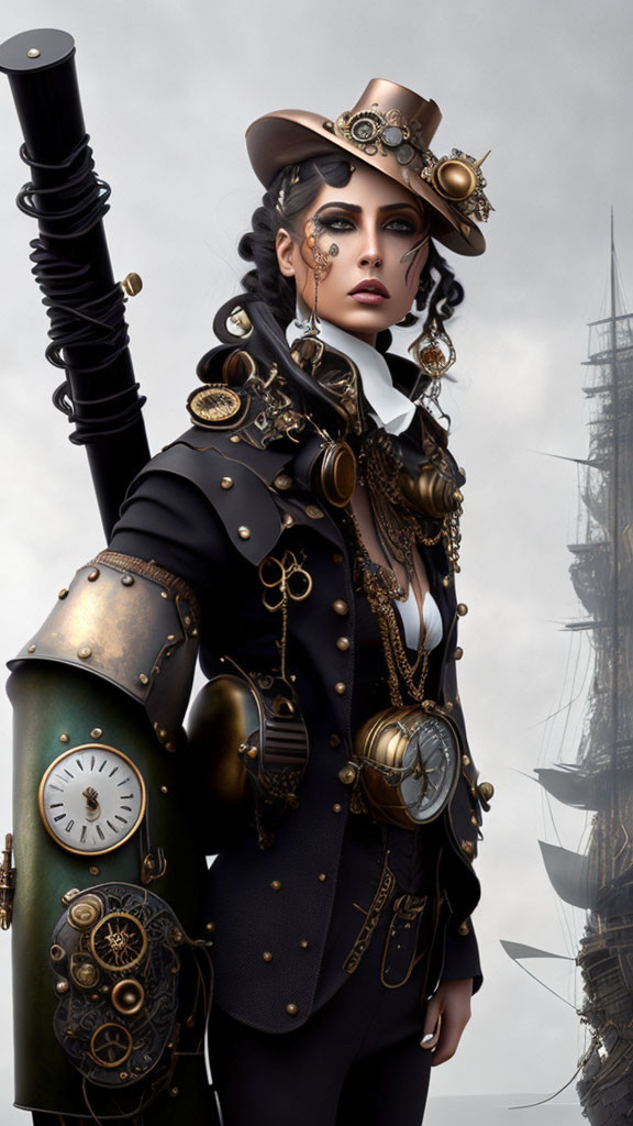 Steampunk-inspired woman in ornate gear-adorned jacket with top hat and blimp backdrop