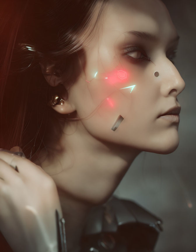 Futuristic makeup with holographic light projections on woman's face