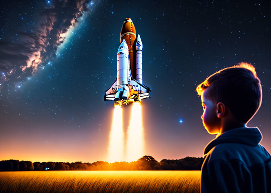 Boy observing space shuttle launch under starry night sky