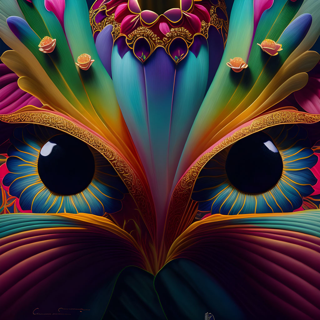 Colorful digital artwork: Stylized peacock feathers with intricate designs and captivating eyes.