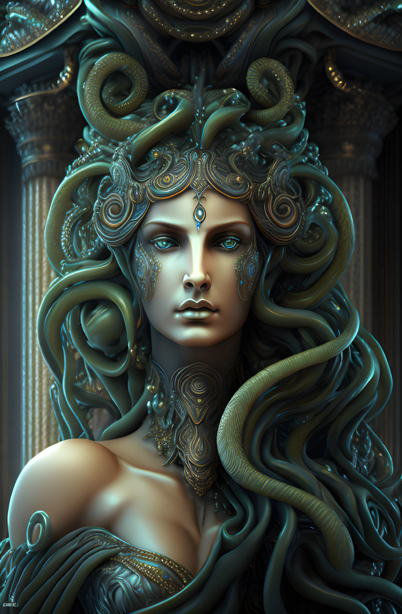 Digital artwork of female figure with ornate metallic headpiece in blue-toned palette