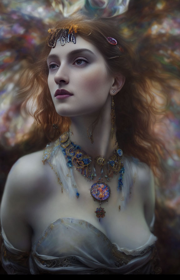 Woman with Striking Jewelry and Ornate Headdress Against Colorful Backdrop