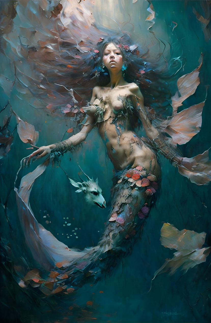 Woman with fairy wings underwater surrounded by brown leaves and fish