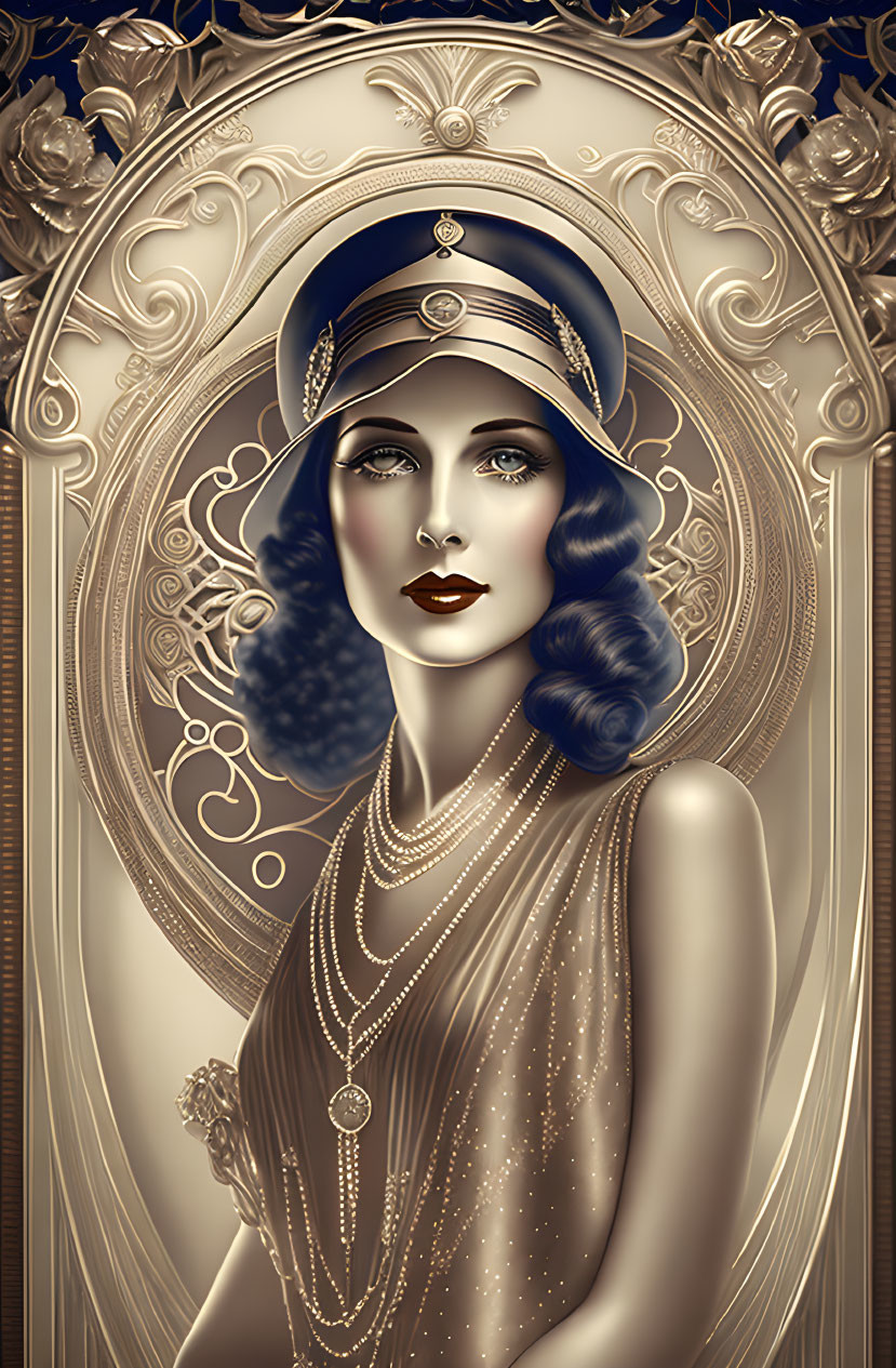 Art Deco Woman Illustration with Cloche Hat and Elaborate Headdress