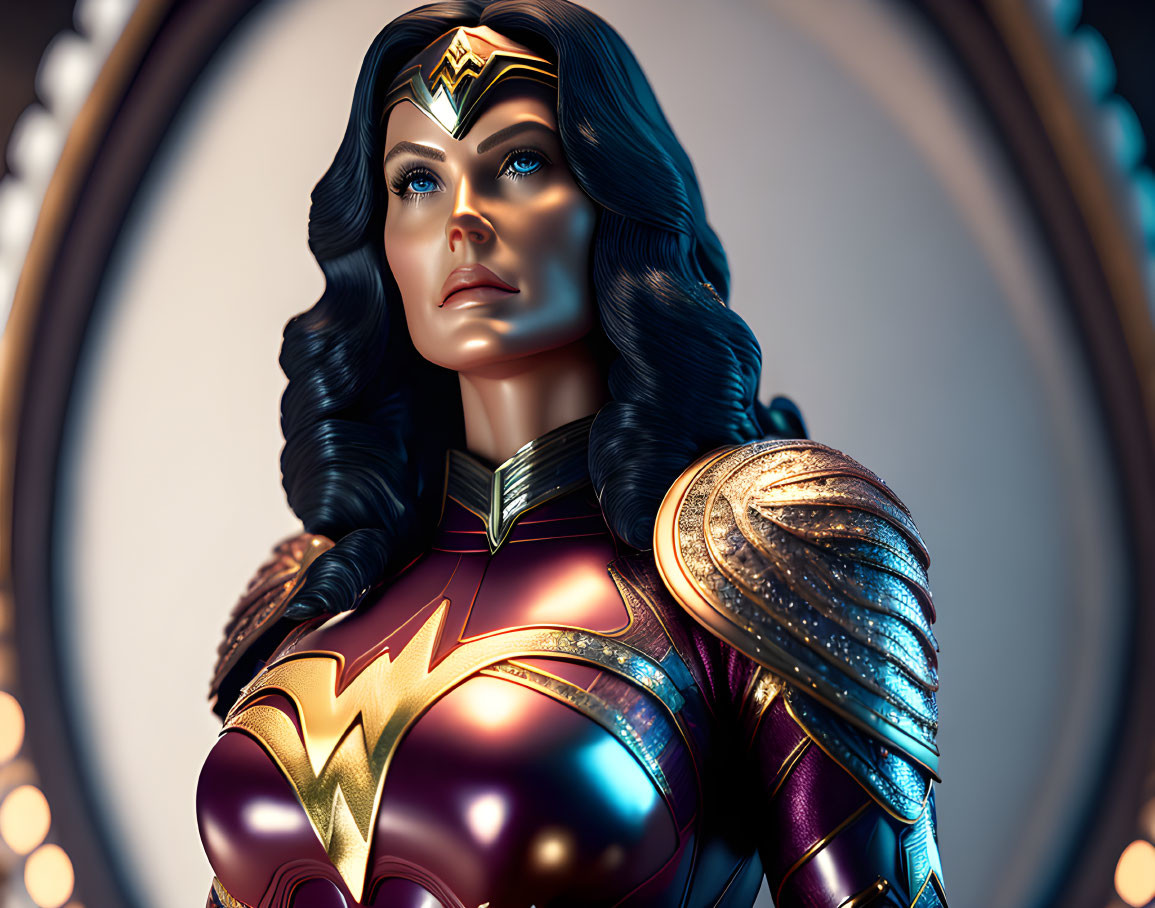 Female superhero 3D rendering with tiara, golden eagle emblem, and wavy hair