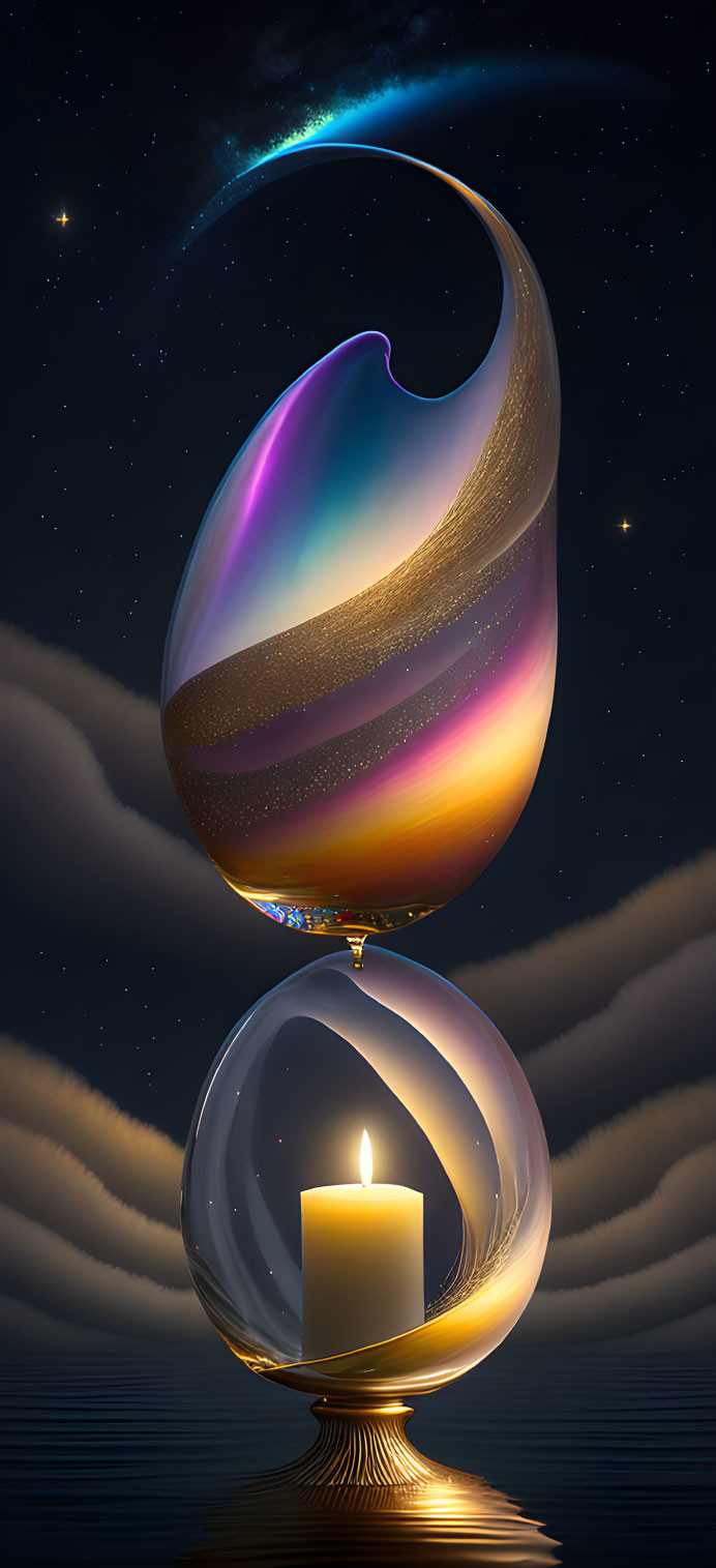 Abstract candle in twisted hourglass with stars and nebulae.