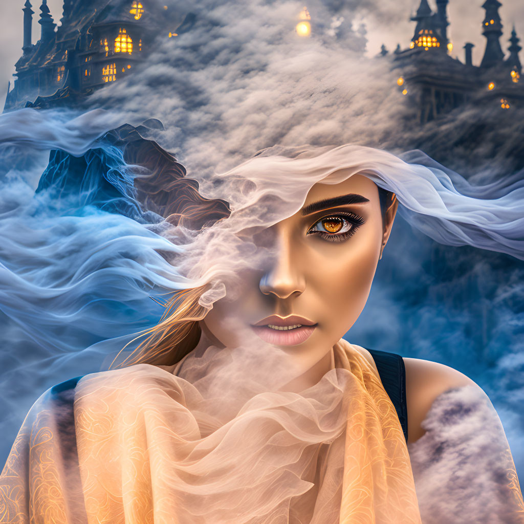 Translucent veiled woman in mist with castle backdrop