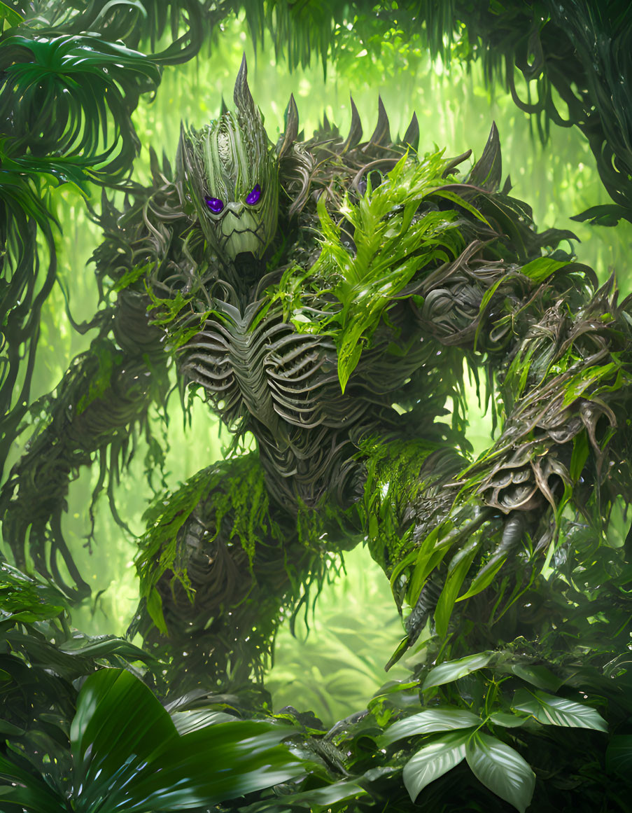 Plant-like creature with purple eyes in misty forest landscape