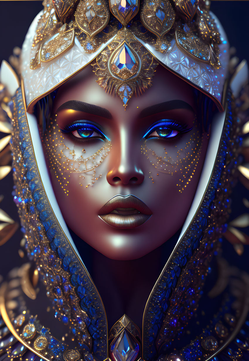 Detailed digital portrait of woman with blue eyes in ornate gold headdress