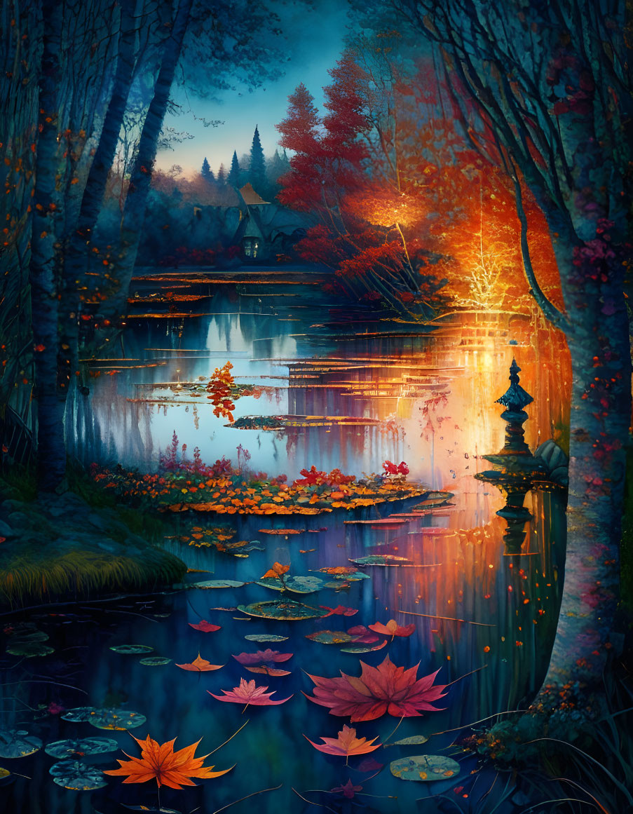 Tranquil autumn twilight scene with lake, trees, cottage, and lantern