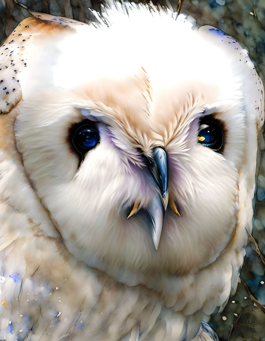 Detailed close-up of barn owl with striking black eyes and sharp beak