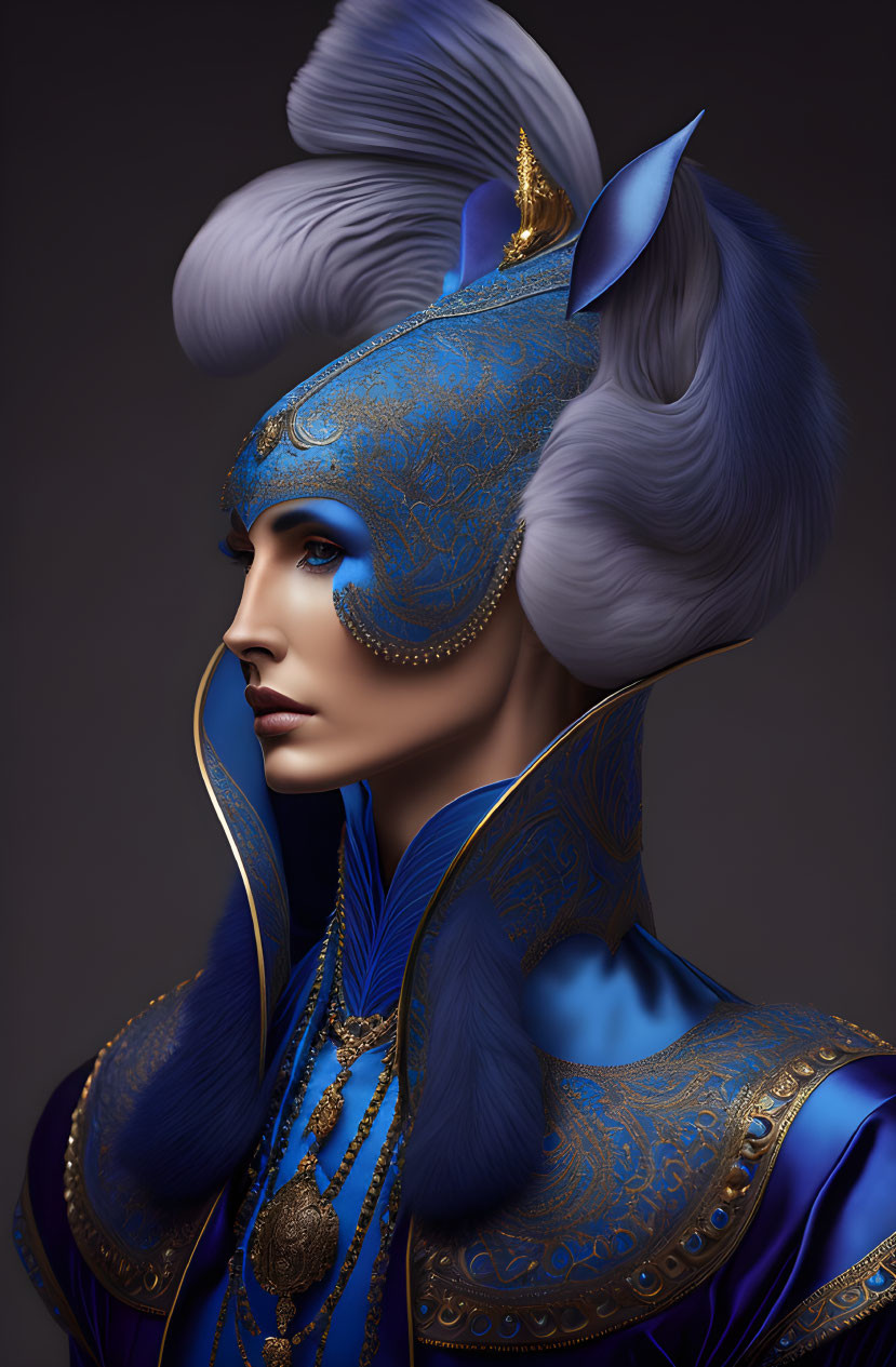 Fantasy-themed portrait with elaborate makeup, headgear, and costume