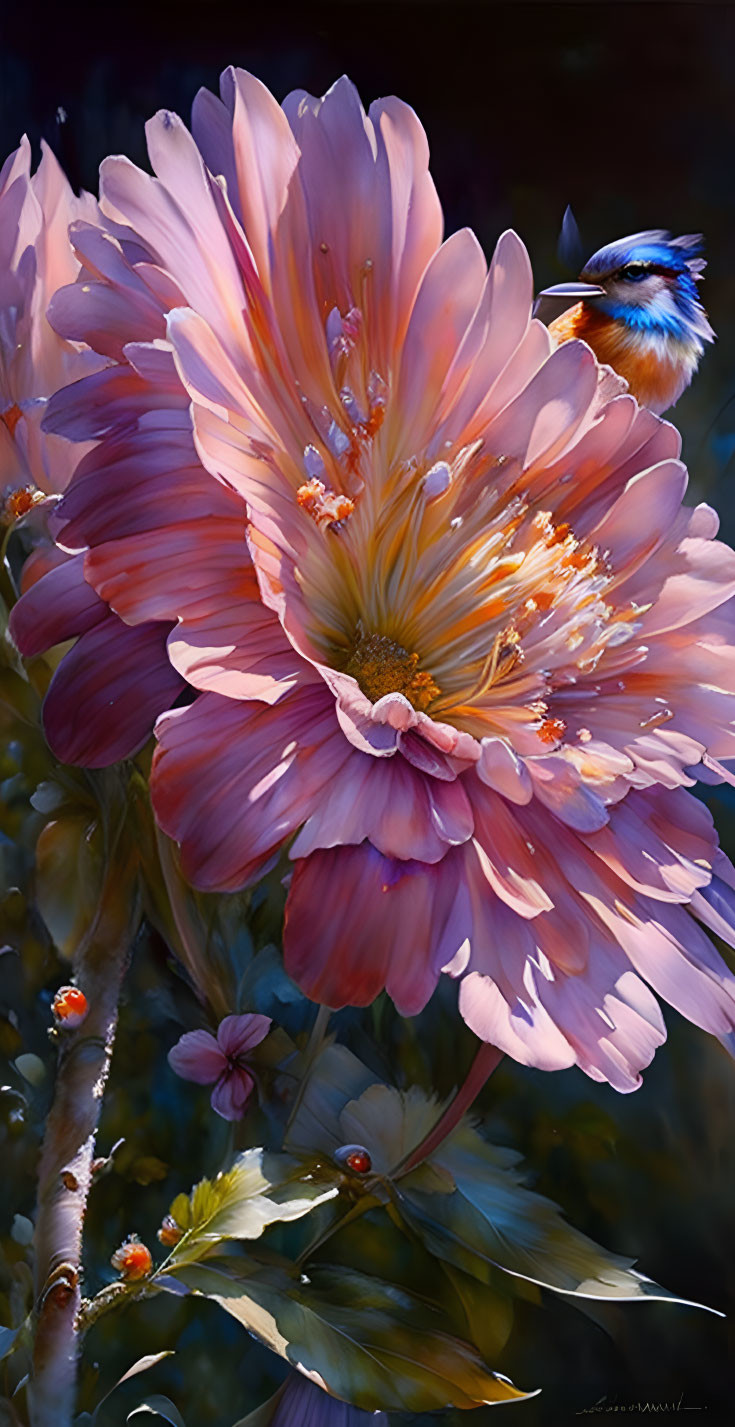 Detailed Painting of Small Bird on Large Pink Flower