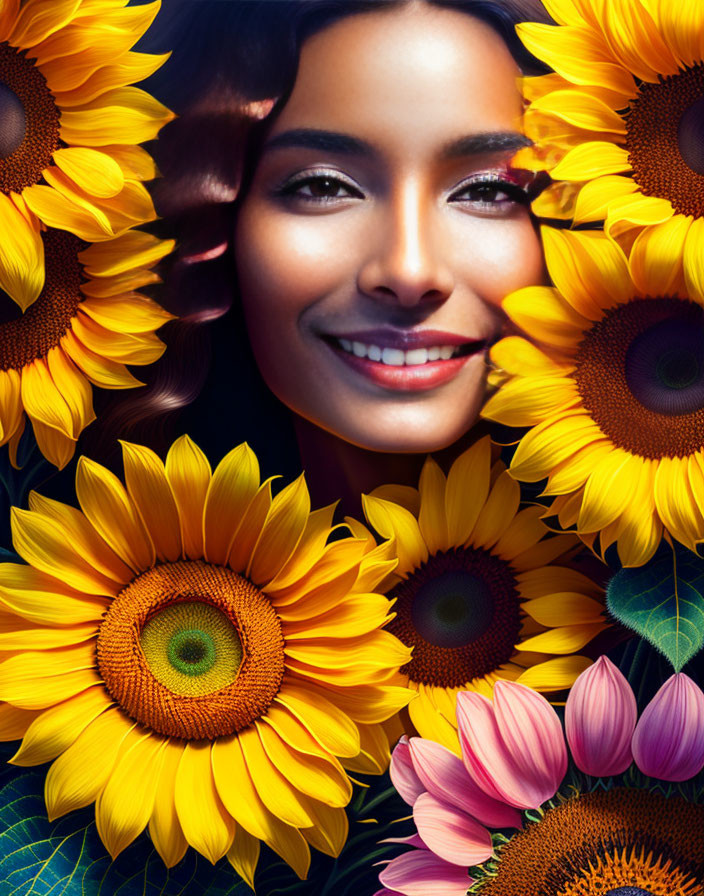 Smiling woman's face with sunflowers and pink blossoms on dark background