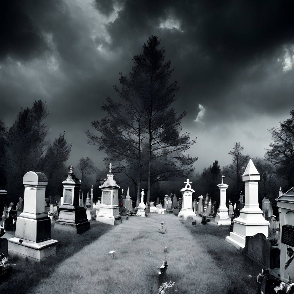 Monochromatic cemetery scene under dark, cloudy sky