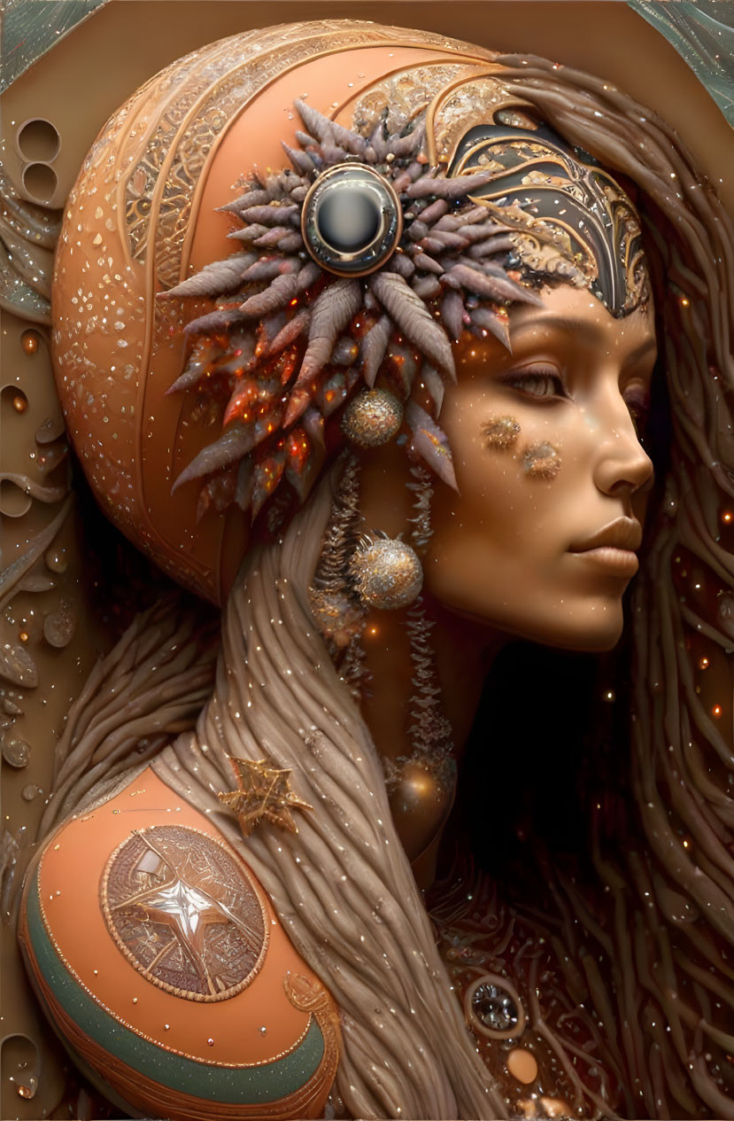 Profile of female figure with ornate helmet against metallic backdrop.