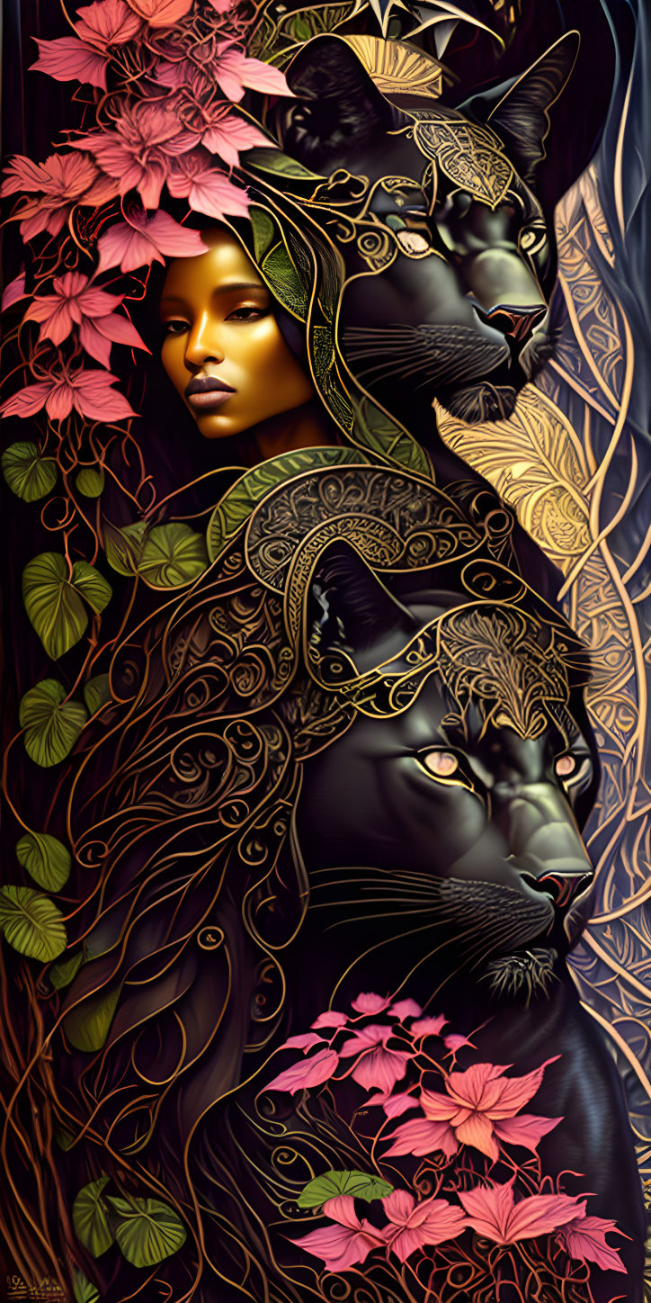 Woman and black panther with gold patterns and pink flowers on dark background.