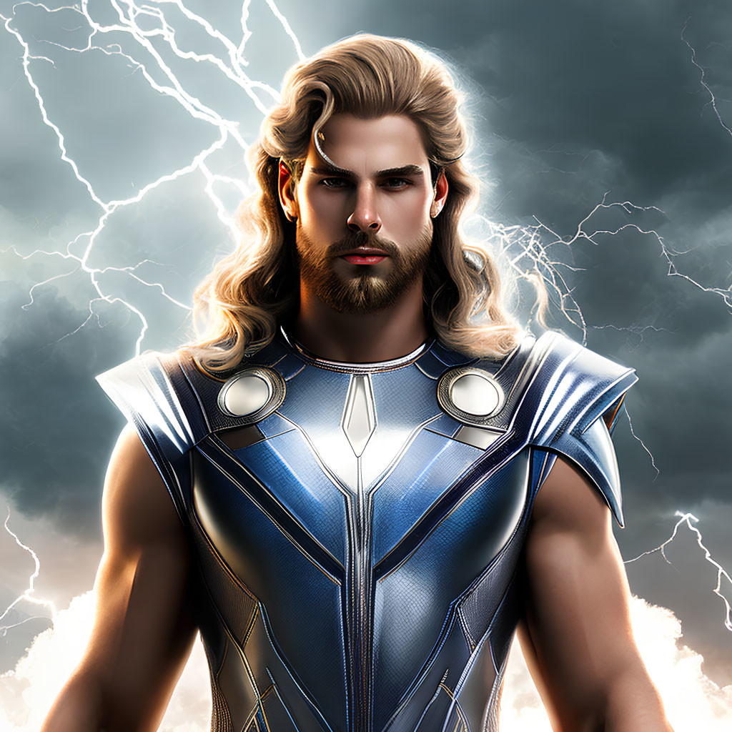 Male superhero with long blonde hair in metallic armor against stormy sky