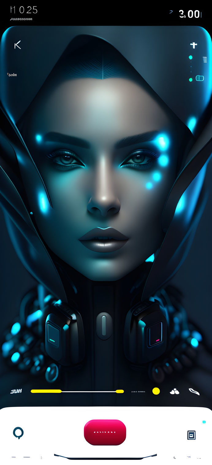 Female Android with Blue Glowing Accents and Headphones on Smartphone Interface