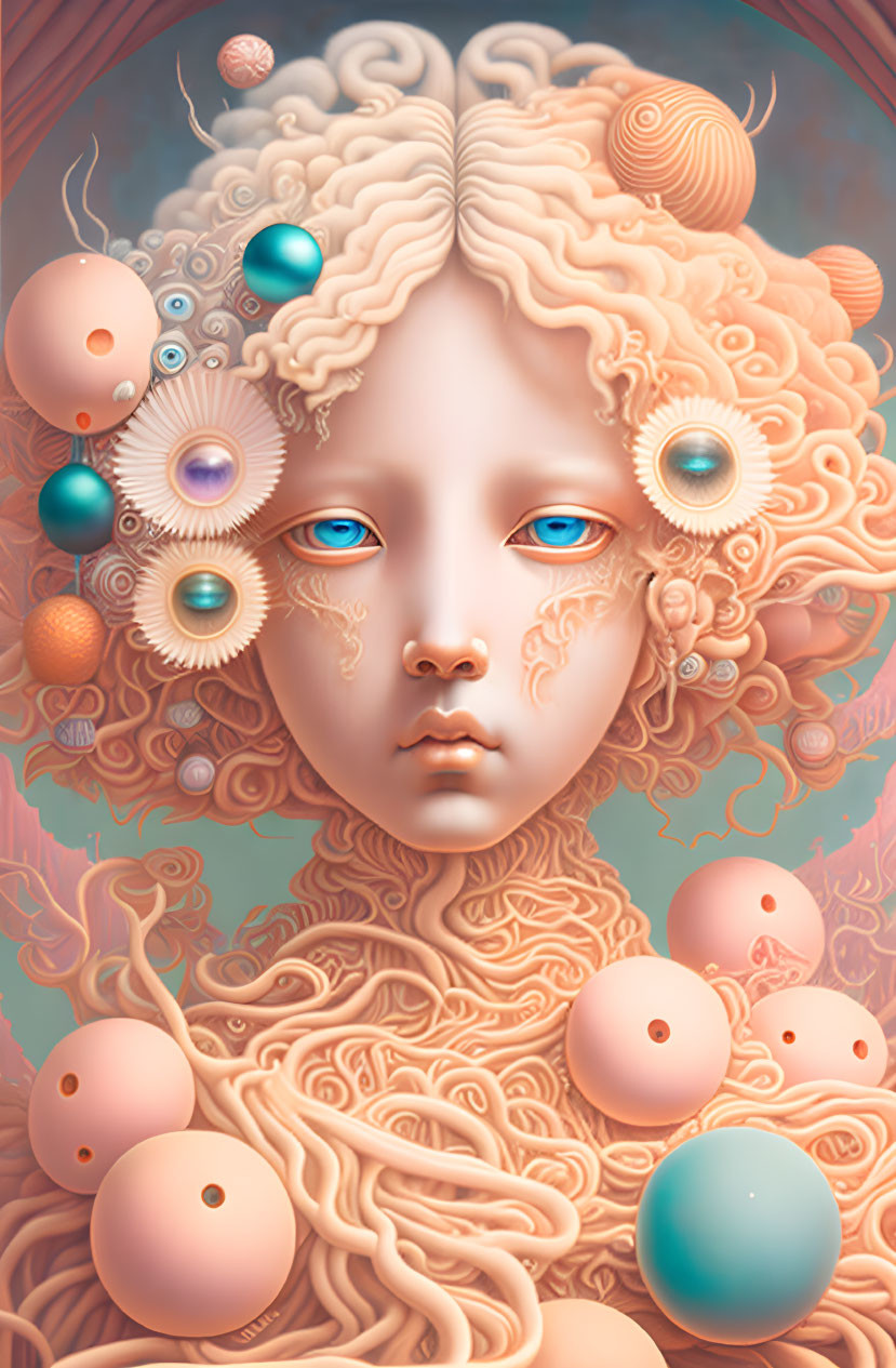 Surreal portrait: Pale figure, blue eyes, ornate curls, floating orbs, intricate patterns