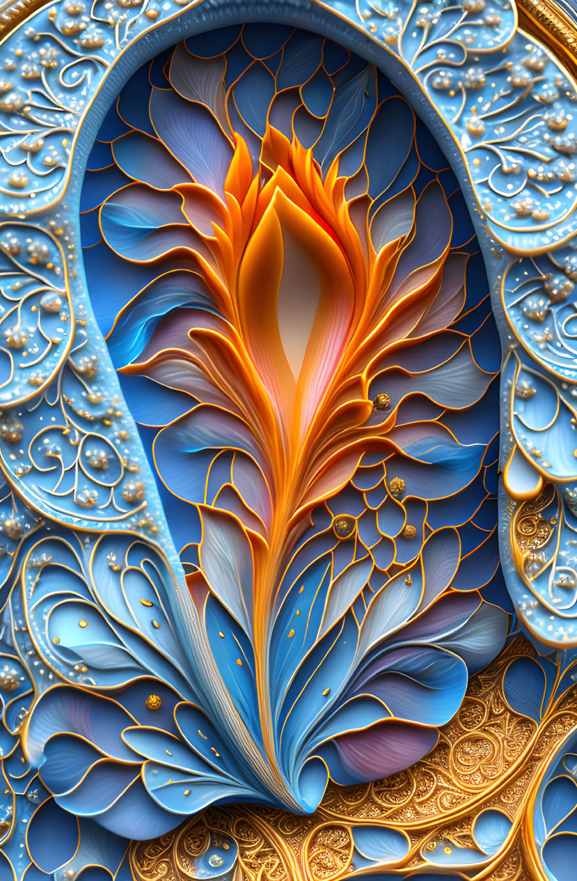 Intricate fractal design with petal-like patterns in blue, orange, and gold