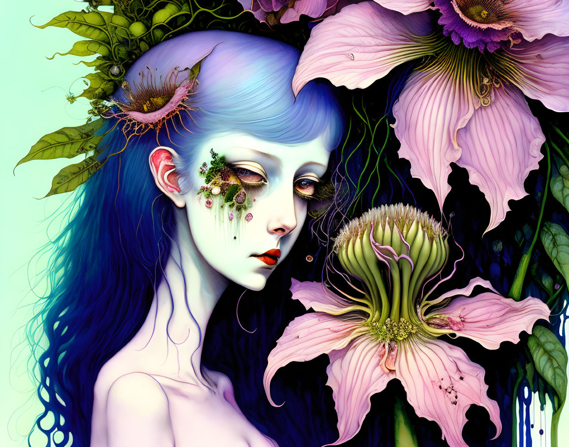 Surreal portrait of woman with blue hair and exotic flowers.