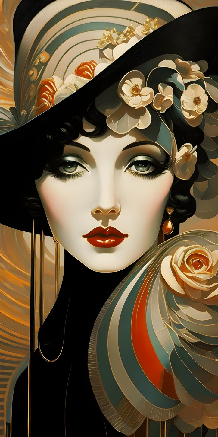 Stylized woman with floral hat in golden setting