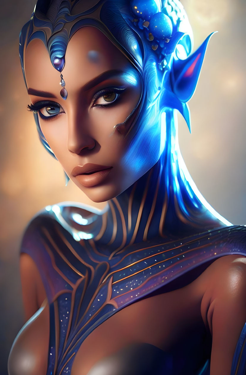 Mystical female digital artwork with blue skin and elaborate facial adornments