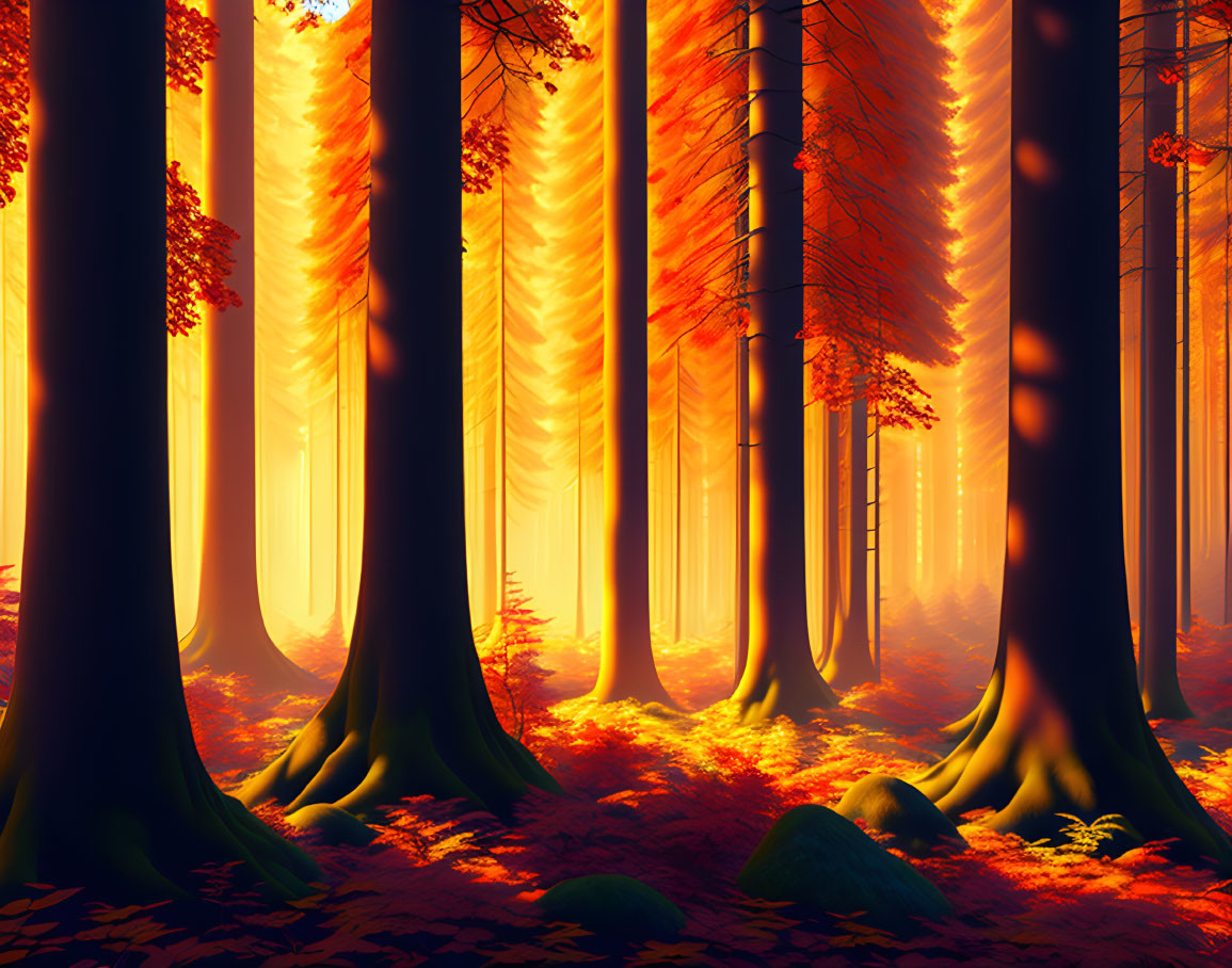 Mystical autumn forest with tall trees and warm light