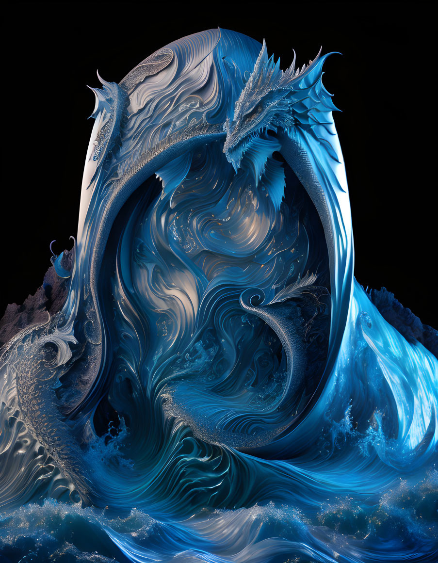 Stylized blue wave with dragon-like features on dark background