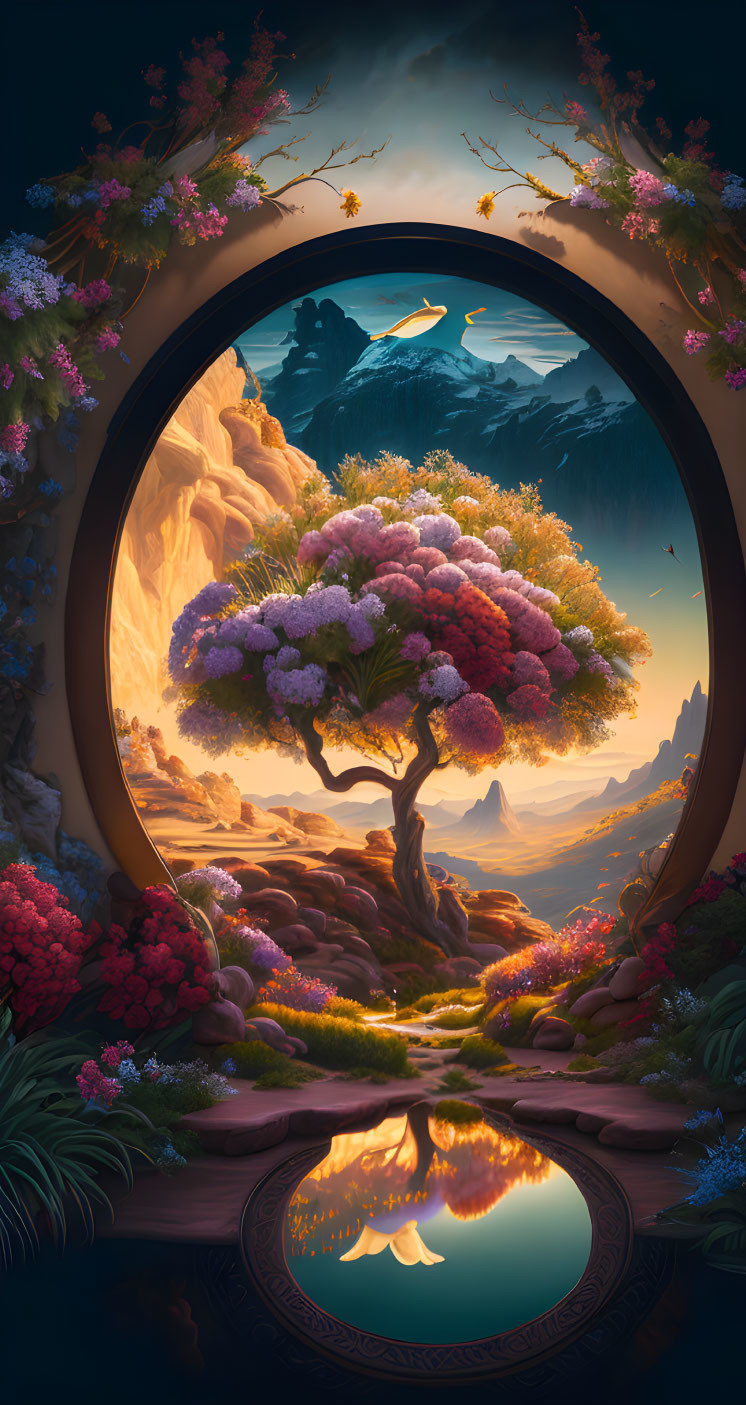 Majestic blooming tree in vibrant fantasy landscape