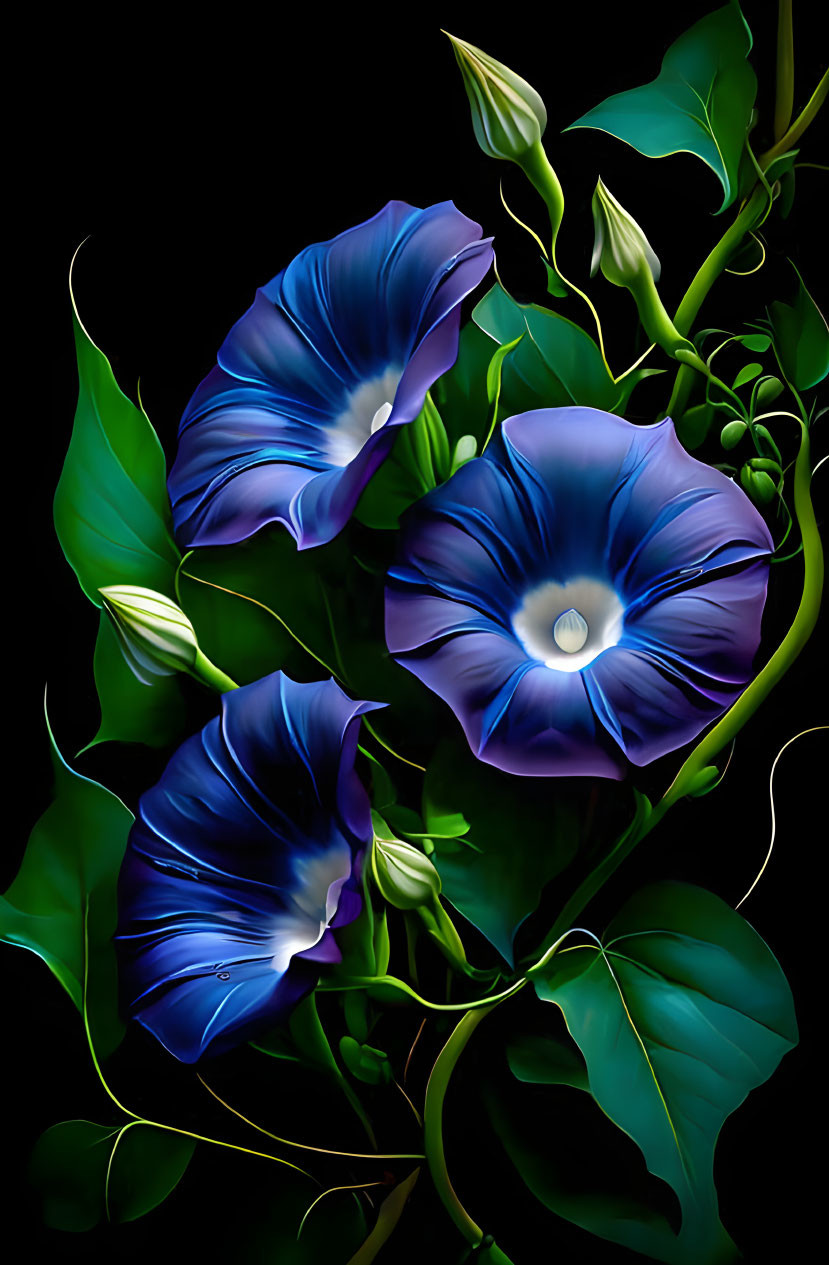 Vibrant Blue Morning Glory Flowers on Dark Background