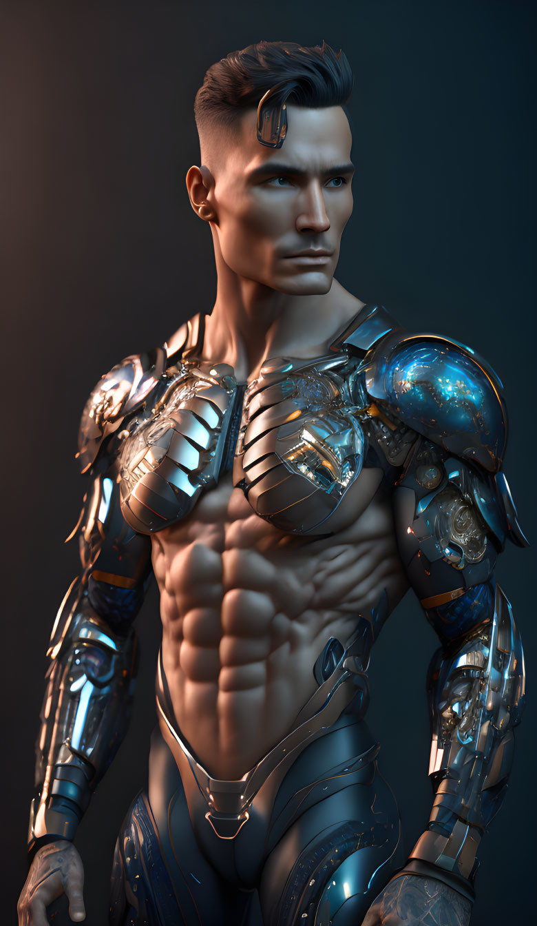 Male figure in futuristic robotic exoskeleton with detailed armors on torso and arms on dark background