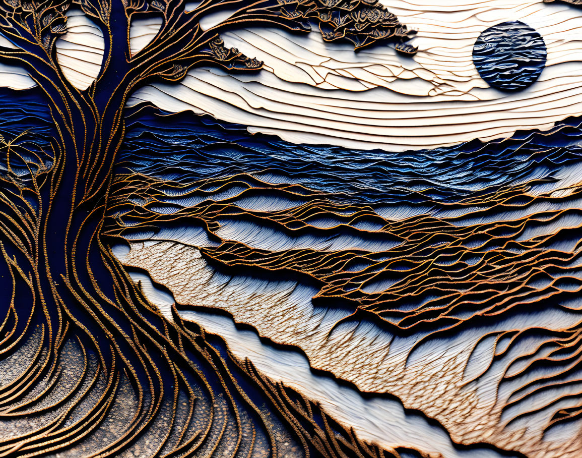 Layered Paper Art: Stylized Landscape with Tree, Hills, Water, Sun