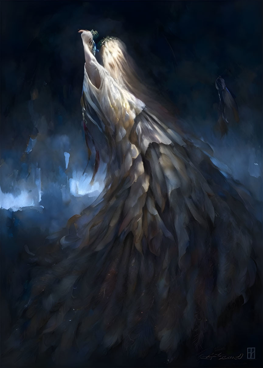 Mystical woman in peacock feathered attire in dark, misty backdrop